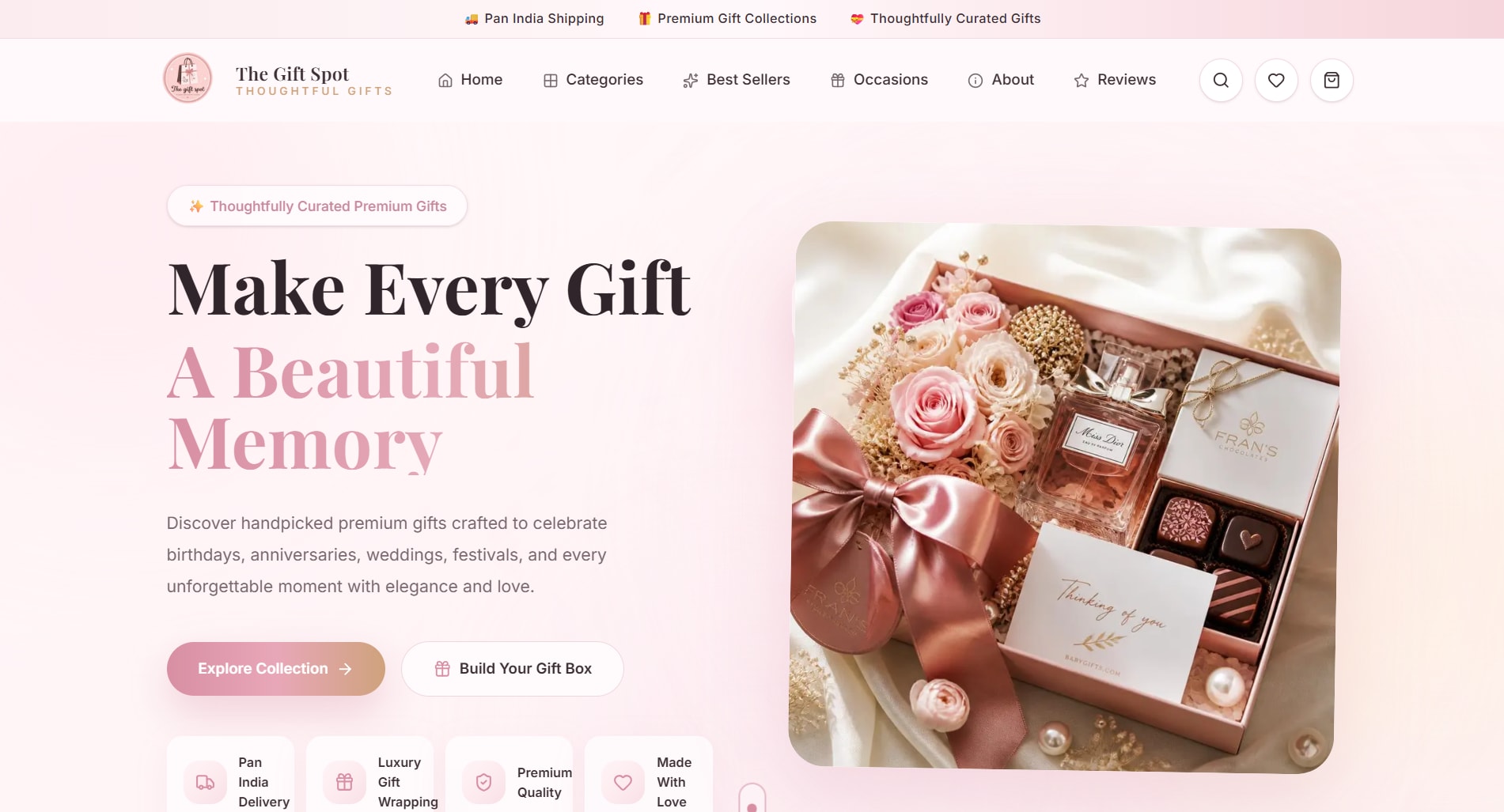 The Gift Spot e-commerce homepage hero featuring premium gift collections and personalized gifting options