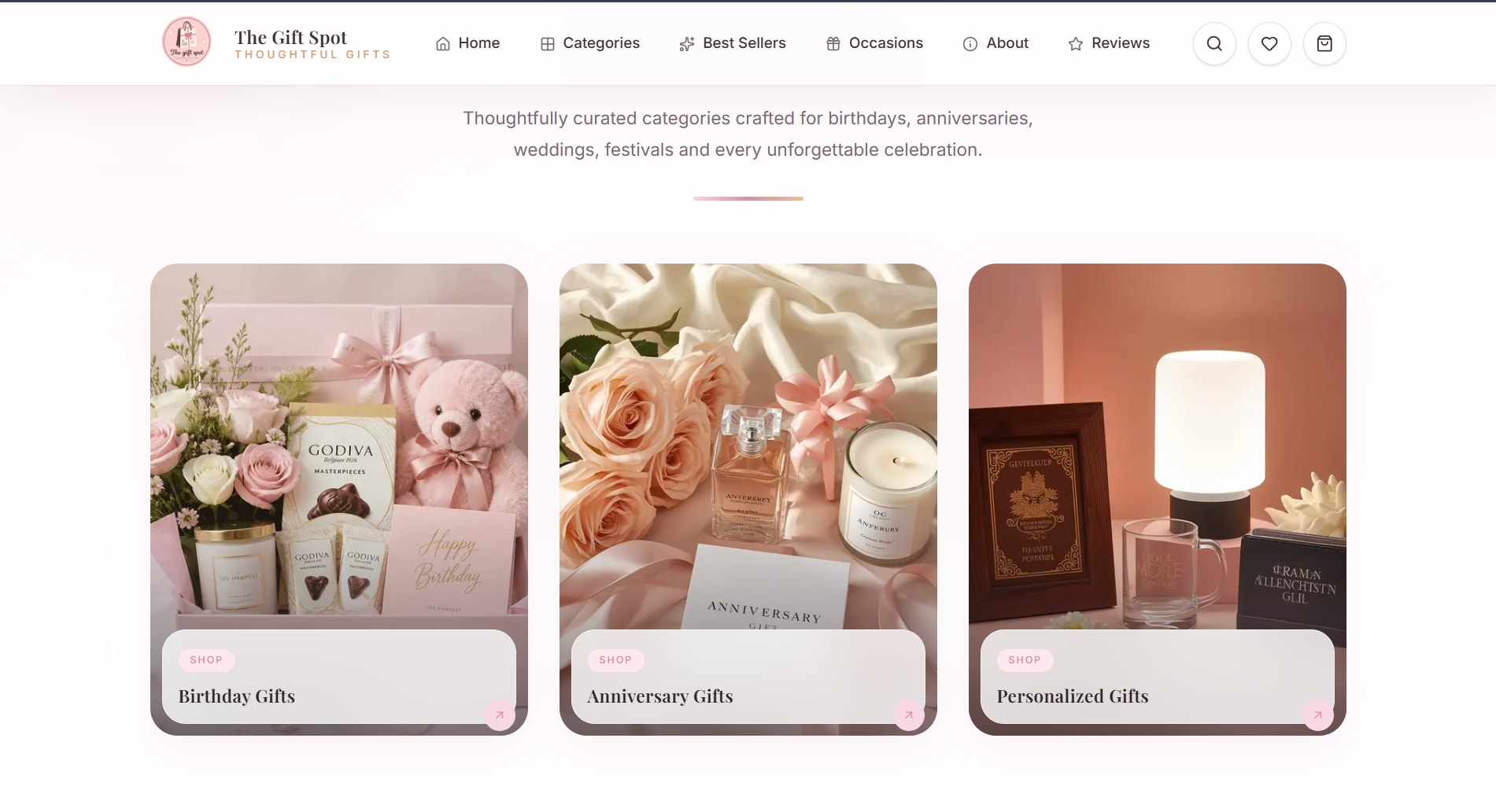 The Gift Spot gift categories section featuring birthday, anniversary and personalized gift collections
