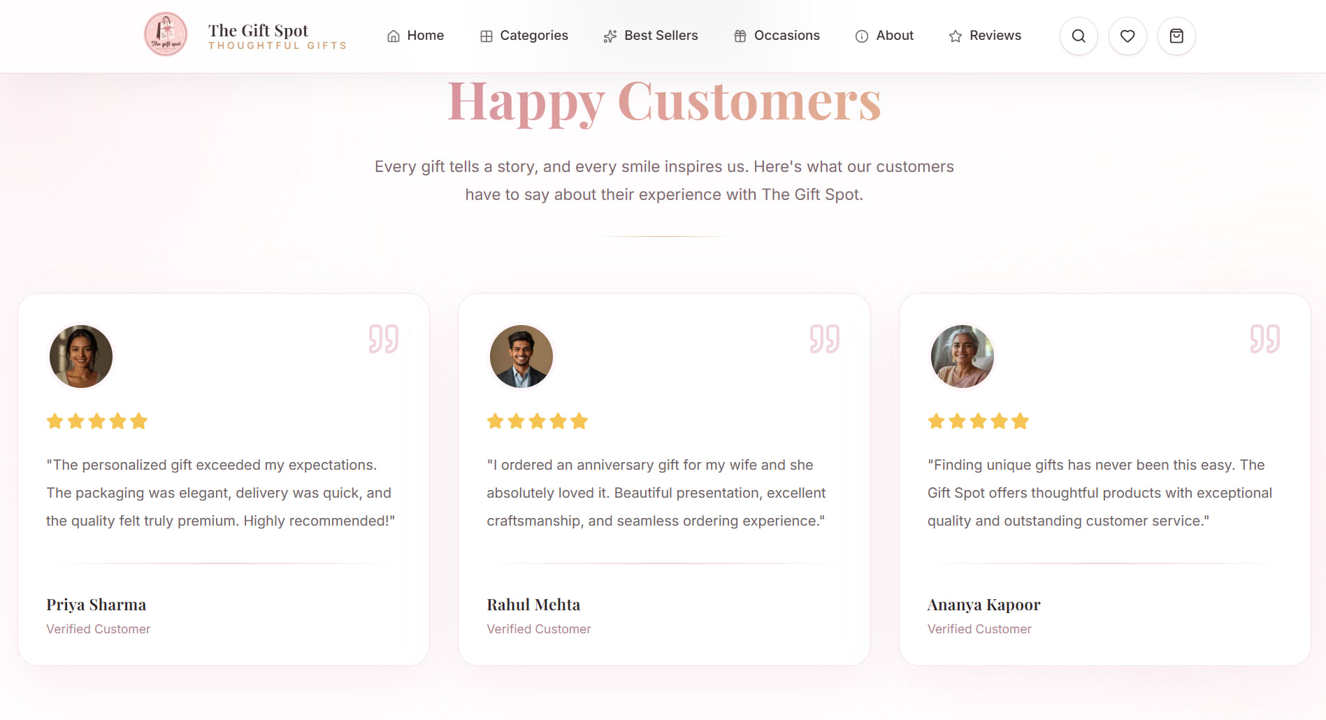 The Gift Spot customer reviews section displaying five-star feedback from gift shoppers