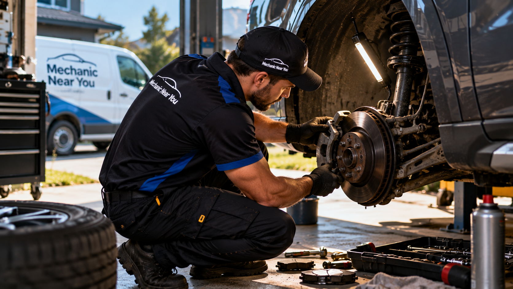 Mechanic inspecting brake components during a full car service