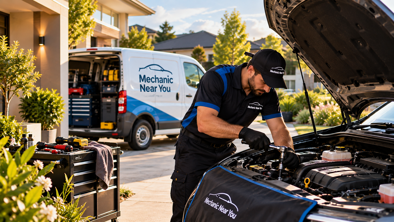 Mobile mechanic servicing a car at a home in Melbourne West