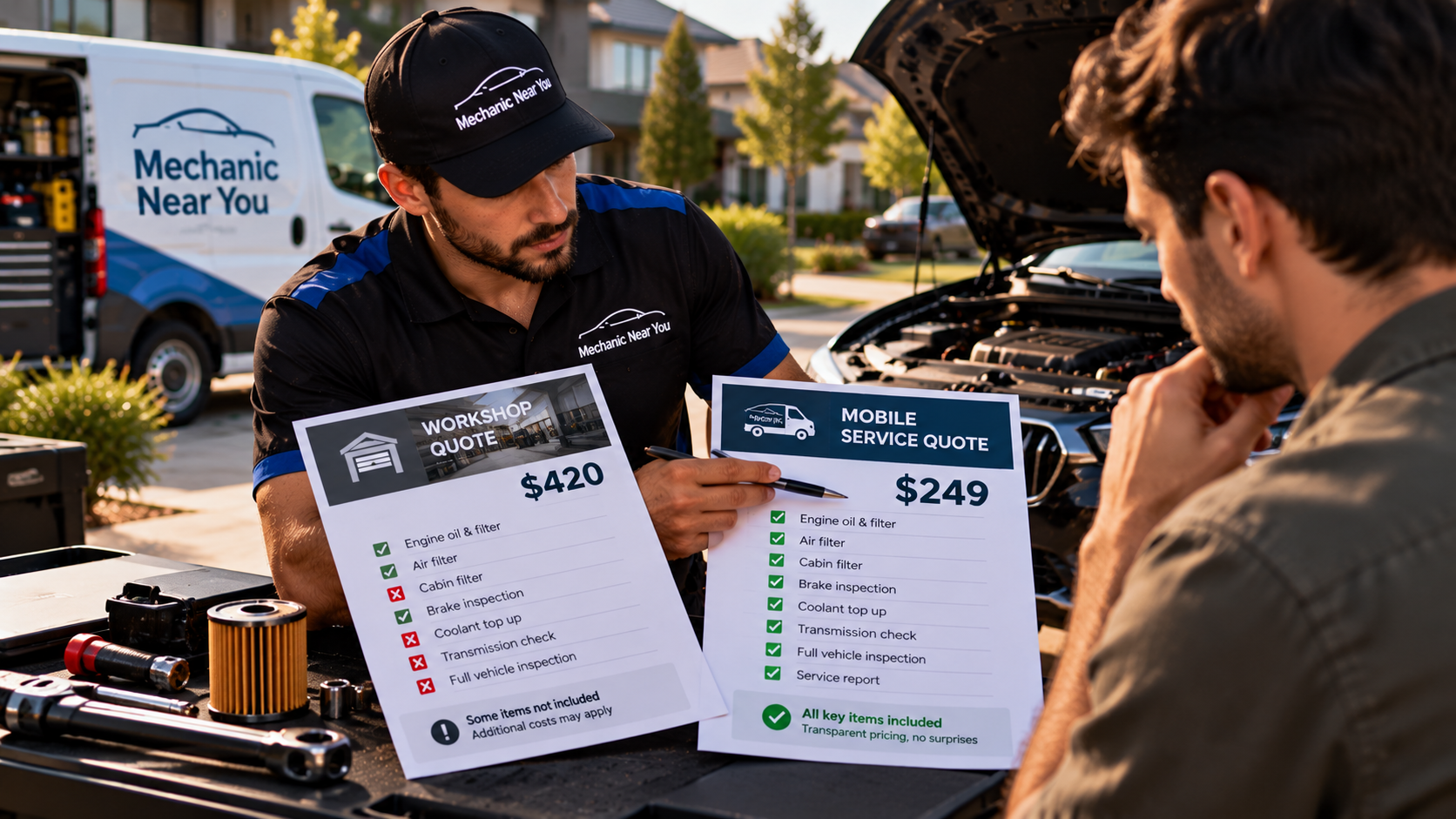 Two car service quotes compared side by side by a professional mechanic