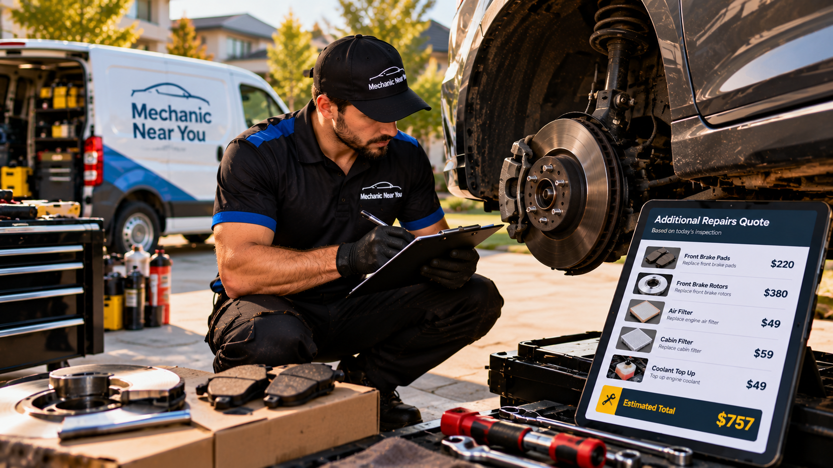 Mechanic inspecting a vehicle and preparing an itemised quote for additional repairs