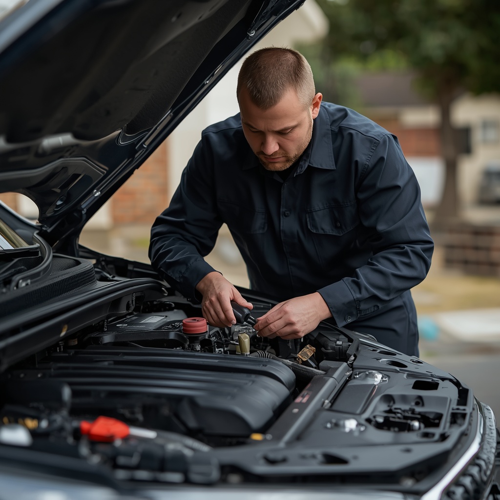Mechanic performing a fixed price car service and inspecting a vehicle