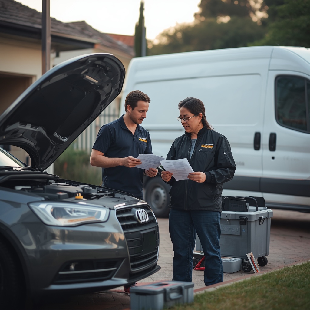 Mobile mechanic discussing a fixed price car service package with a customer at a Melbourne home
