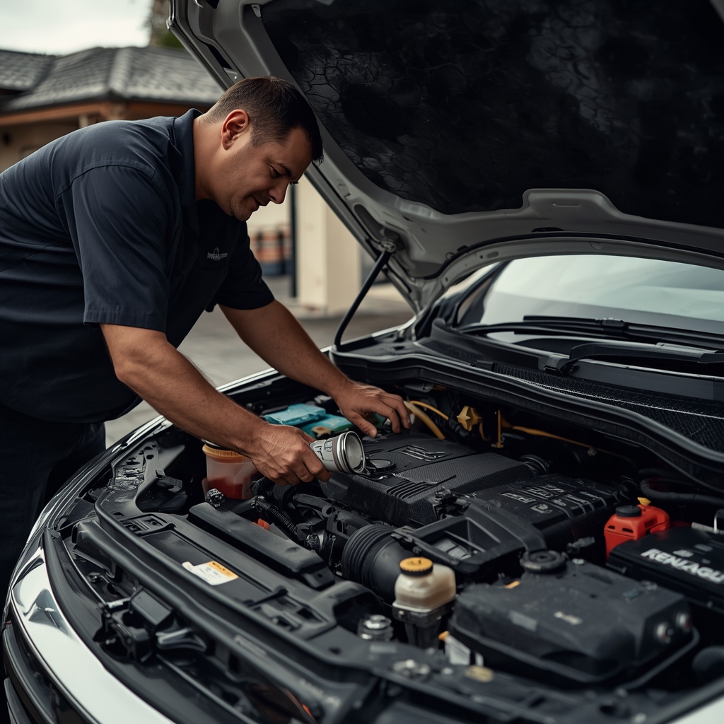 Mechanic performing a major car service and inspecting scheduled maintenance items