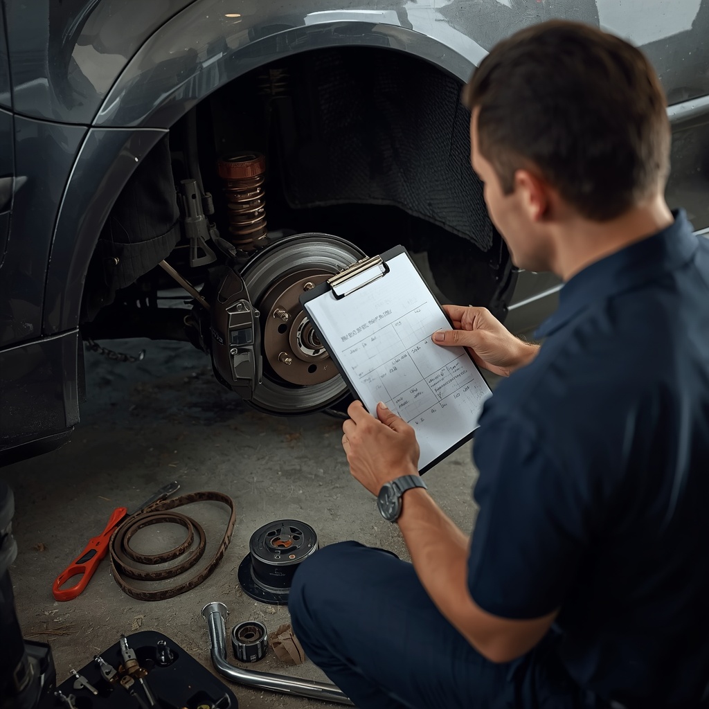 Mechanic inspecting brake and engine components during a major car service