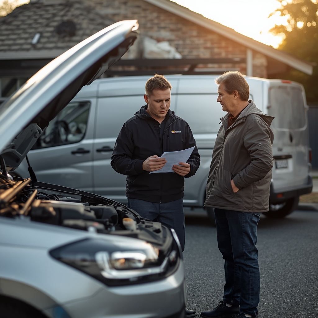 Mobile mechanic reviewing a car service history and maintenance checklist with a customer