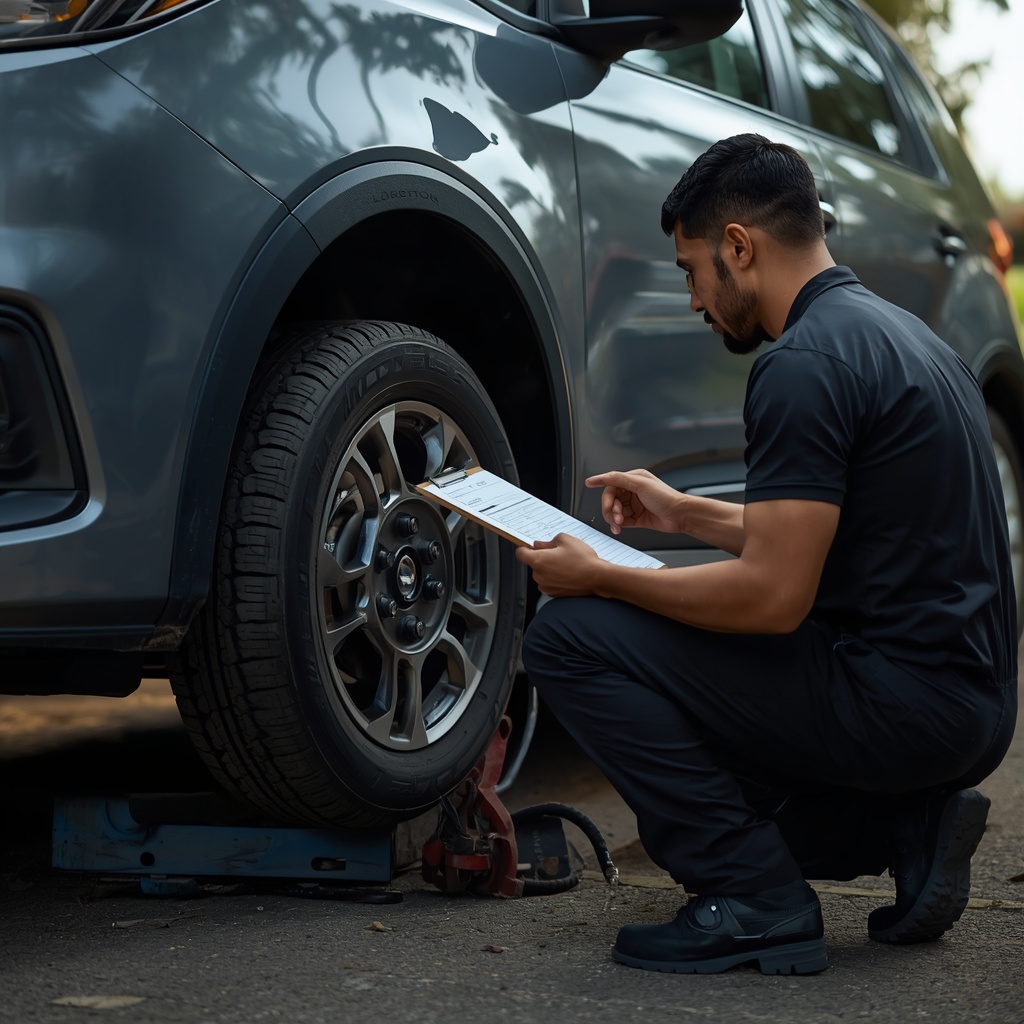 Mechanic performing a basic or general car service and inspecting a modern vehicle