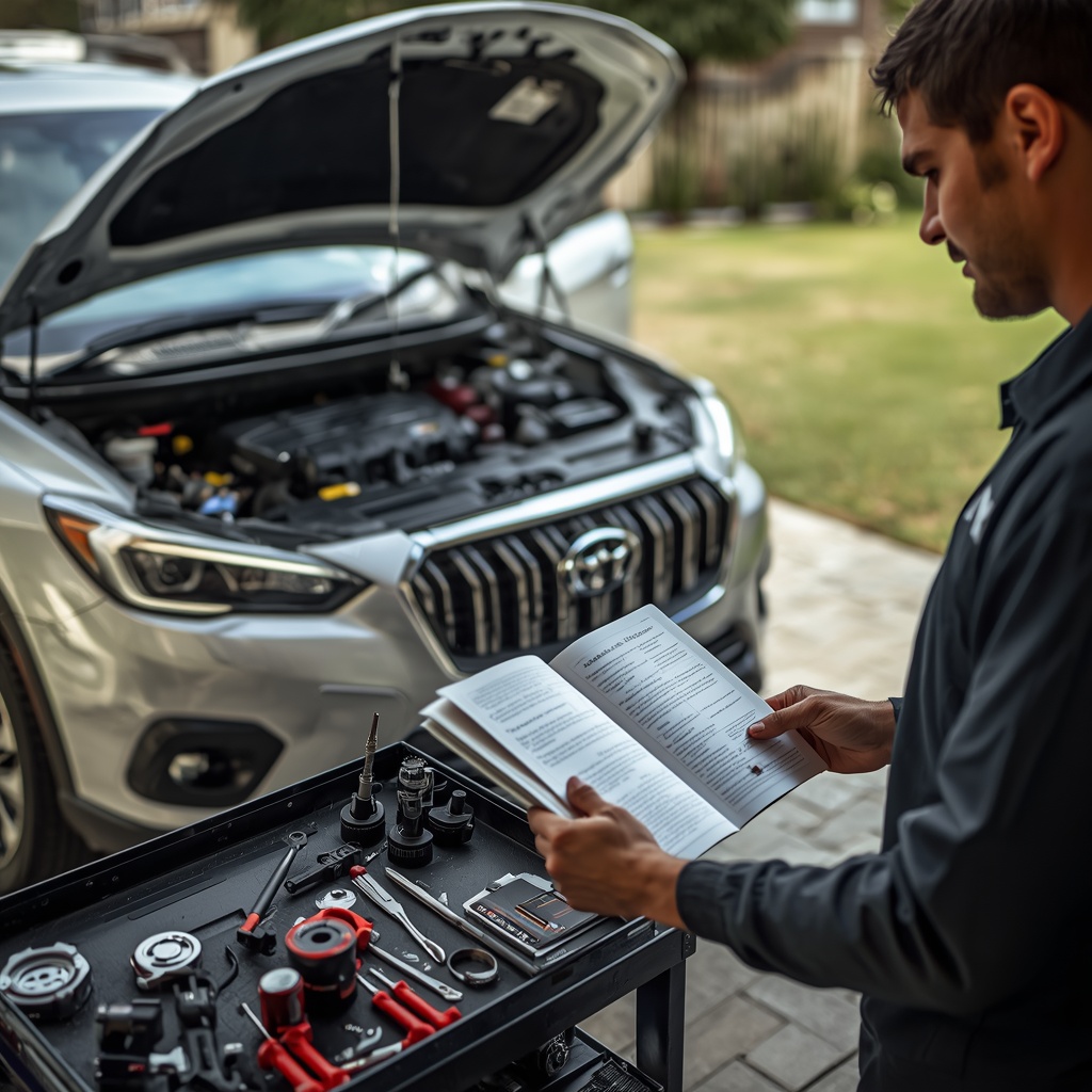Mechanic performing a manufacturer-scheduled logbook service on a modern car in Melbourne