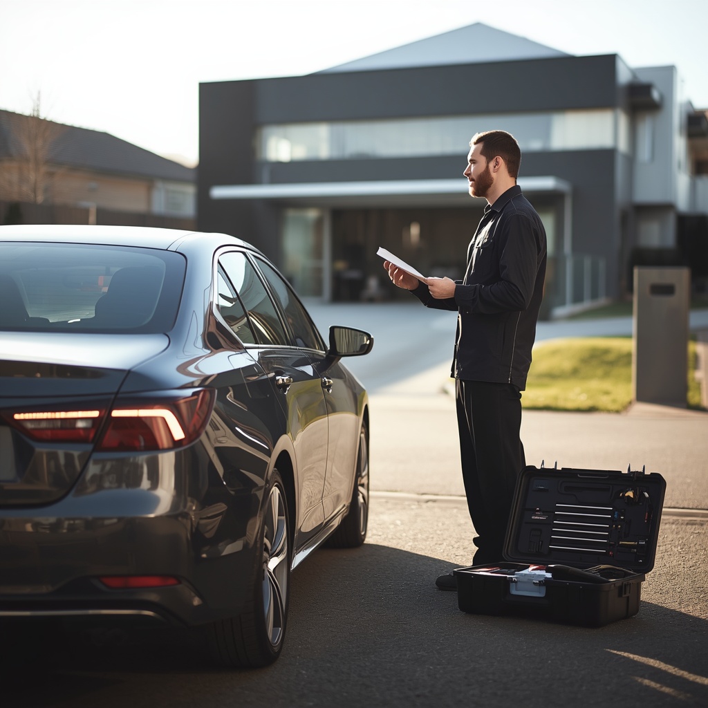 Driver comparing dealer independent and mobile logbook service quotes with a mechanic