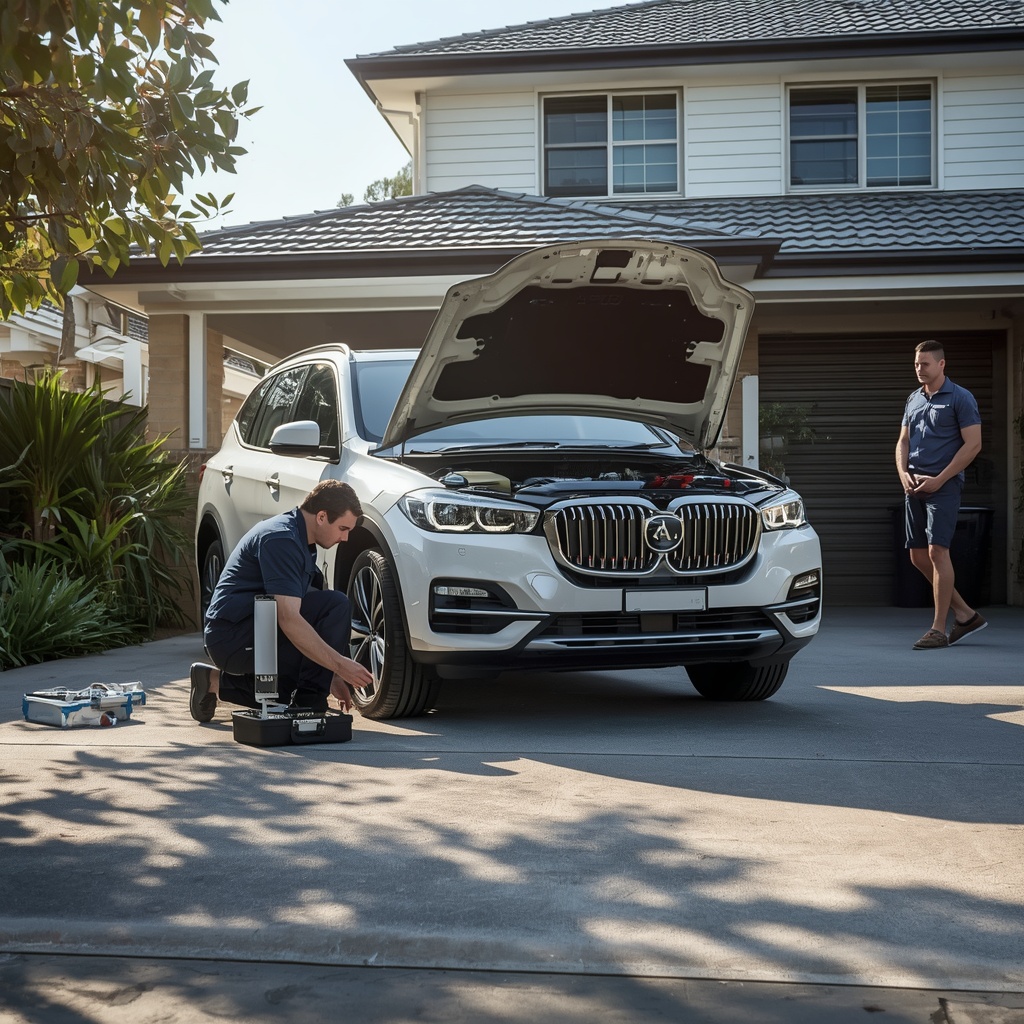 Mobile mechanic completing a logbook service at a Melbourne suburban home