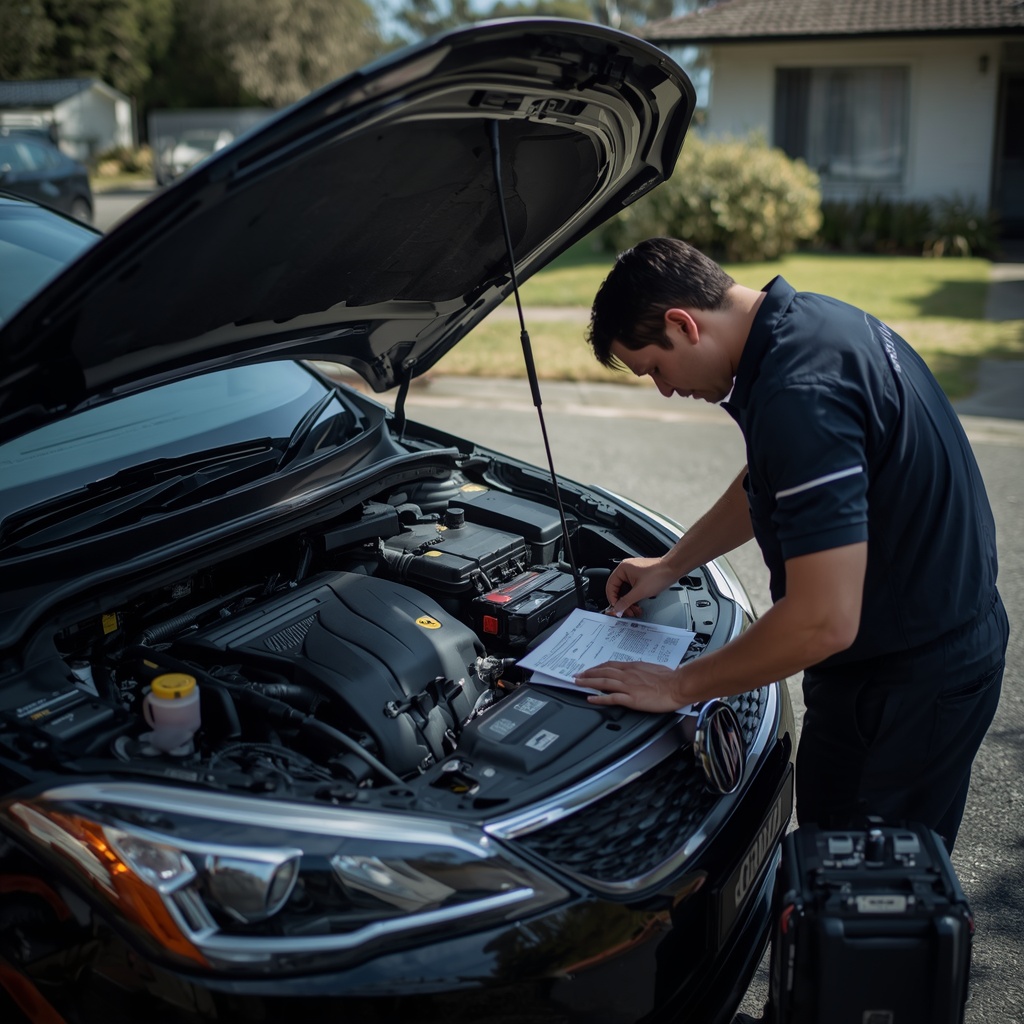 Mechanic performing a logbook service and checking scheduled maintenance items on a modern car
