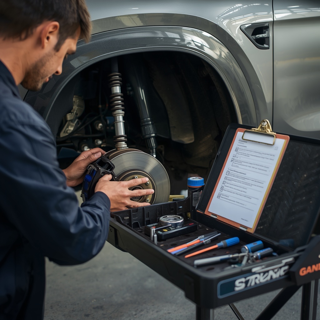Mechanic inspecting brakes filters and engine components during a higher-kilometre logbook service