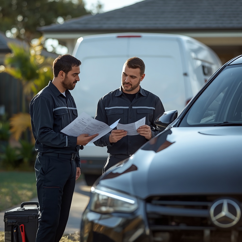 Mobile mechanic reviewing a completed logbook service checklist with a customer at a Melbourne home