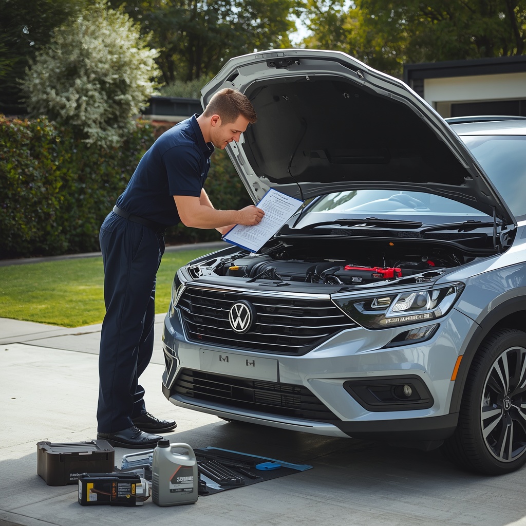 Mobile mechanic performing a scheduled logbook service on a new car at a Melbourne home