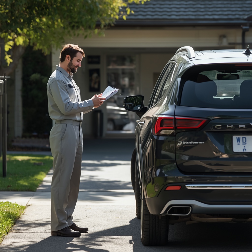 Mechanic checking manufacturer service requirements and preparing logbook service documentation for a new vehicle