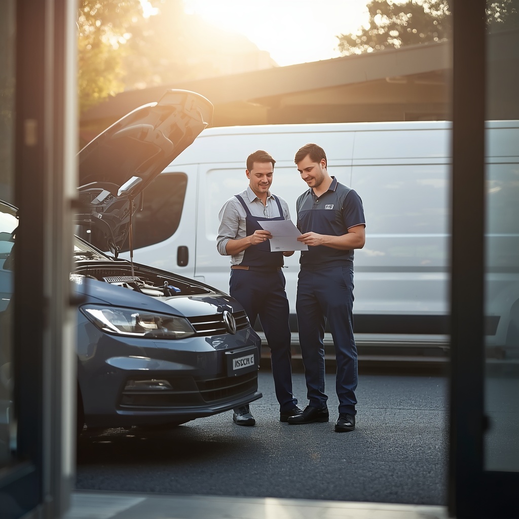 Mobile mechanic completing a warranty-conscious logbook service and reviewing the service record with a Melbourne car owner