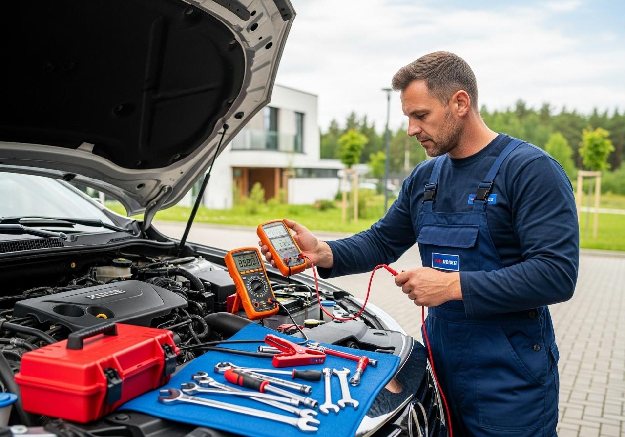 Car battery replacement cost guide showing a technician inspecting a car battery
