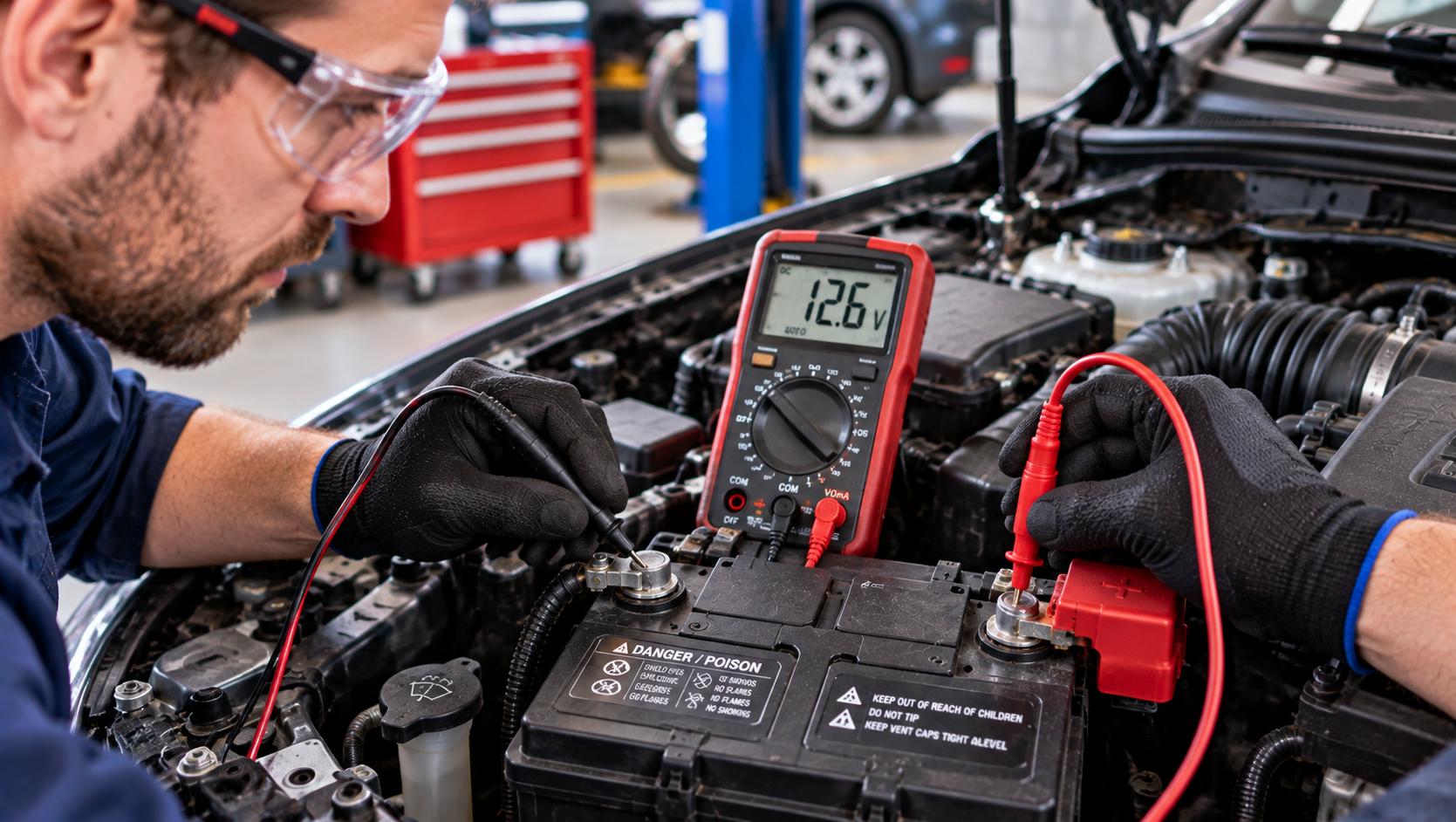 Technician testing a car battery with a digital multimeter