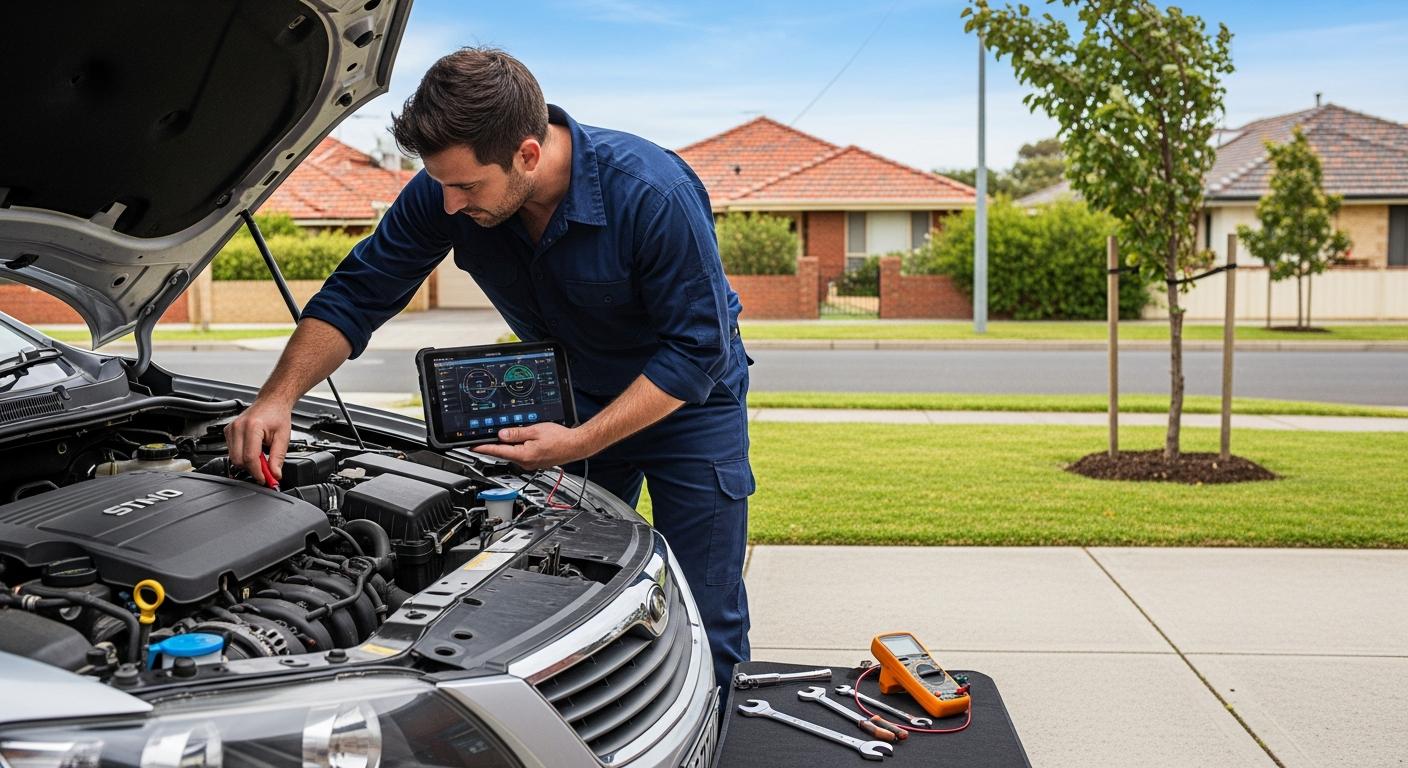 Mobile battery technician inspecting a car that will not start