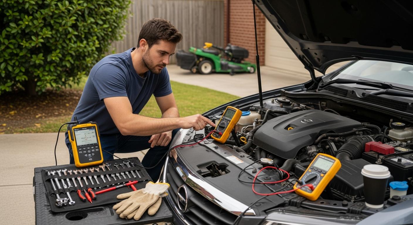 Mechanic checking a car battery after a clicking no-start problem