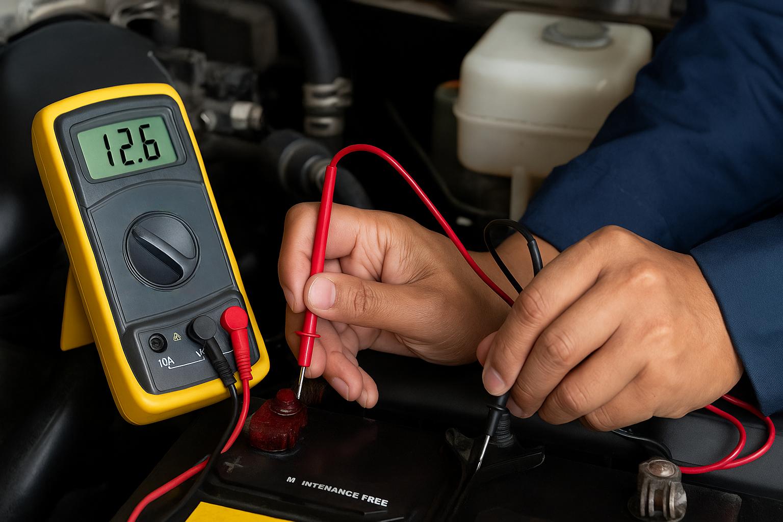 Technician testing car battery voltage with a digital multimeter