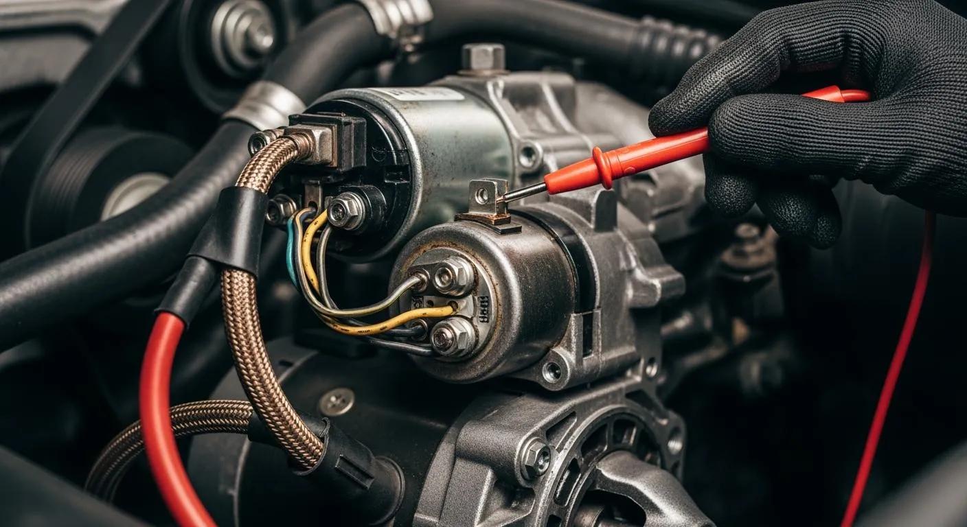 Mechanic inspecting the starter motor and electrical connections