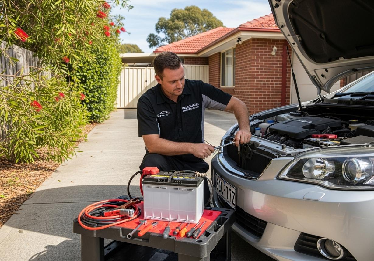 Technician inspecting a car battery during warm Melbourne weather