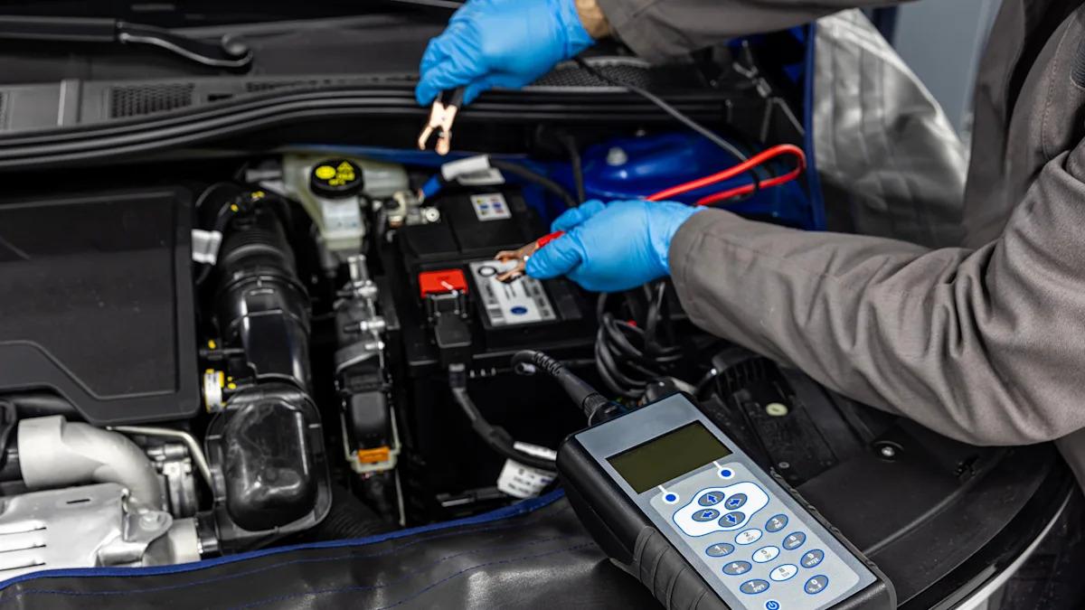 Technician testing the condition of a car battery