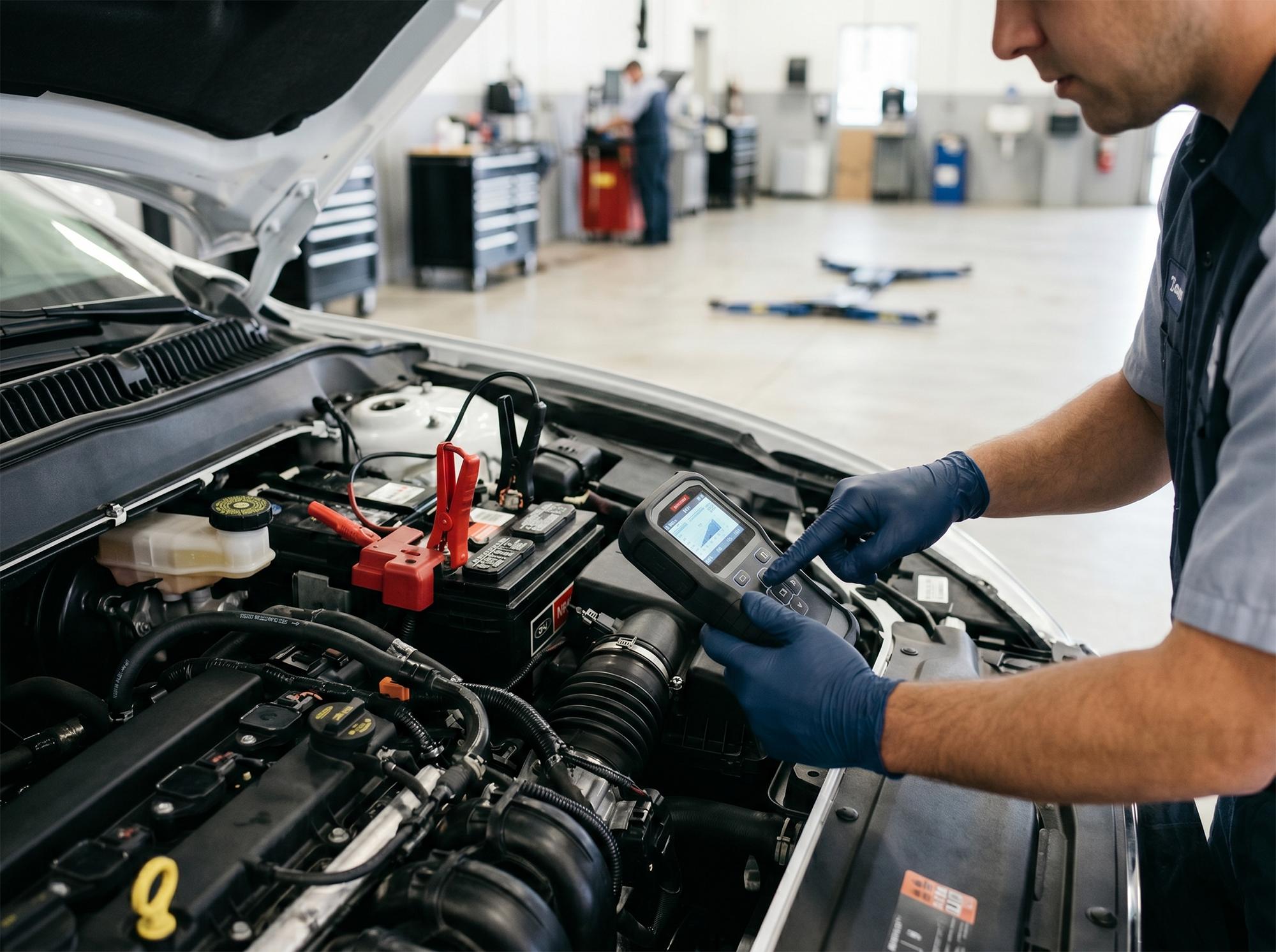 Mechanic testing a car battery for signs of failure
