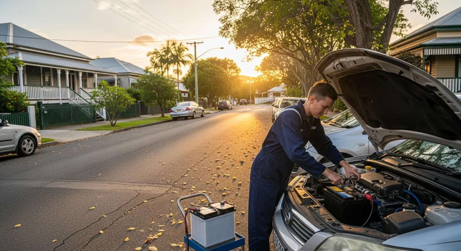 Mobile technician replacing a car battery in a suburban driveway