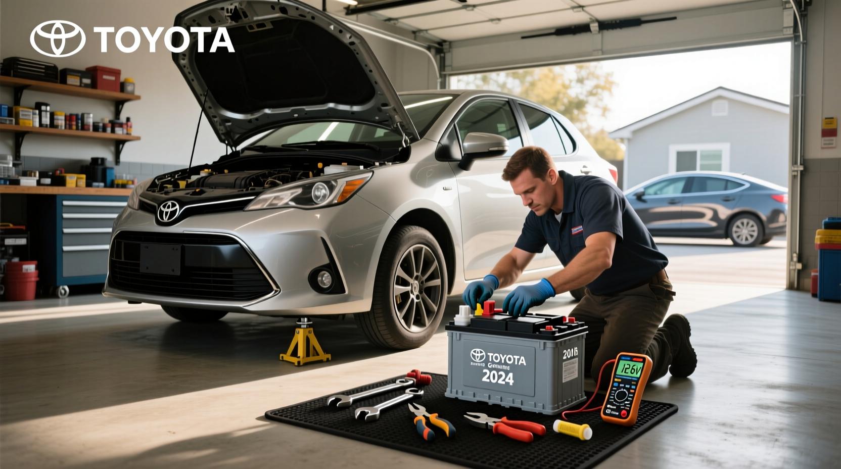 Technician inspecting the 12V auxiliary battery in a hybrid car