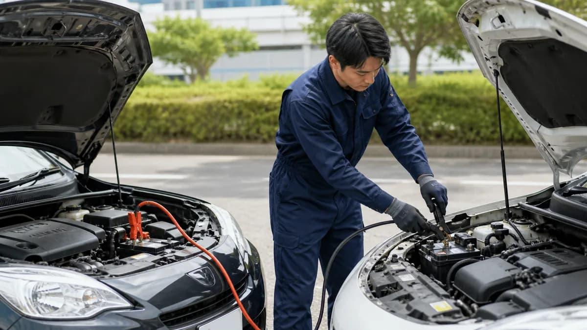 Hybrid car 12V auxiliary battery inspection by a technician