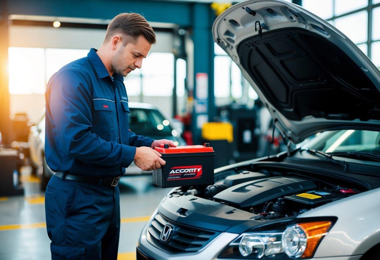 Technician checking a car battery label to select the correct replacement battery