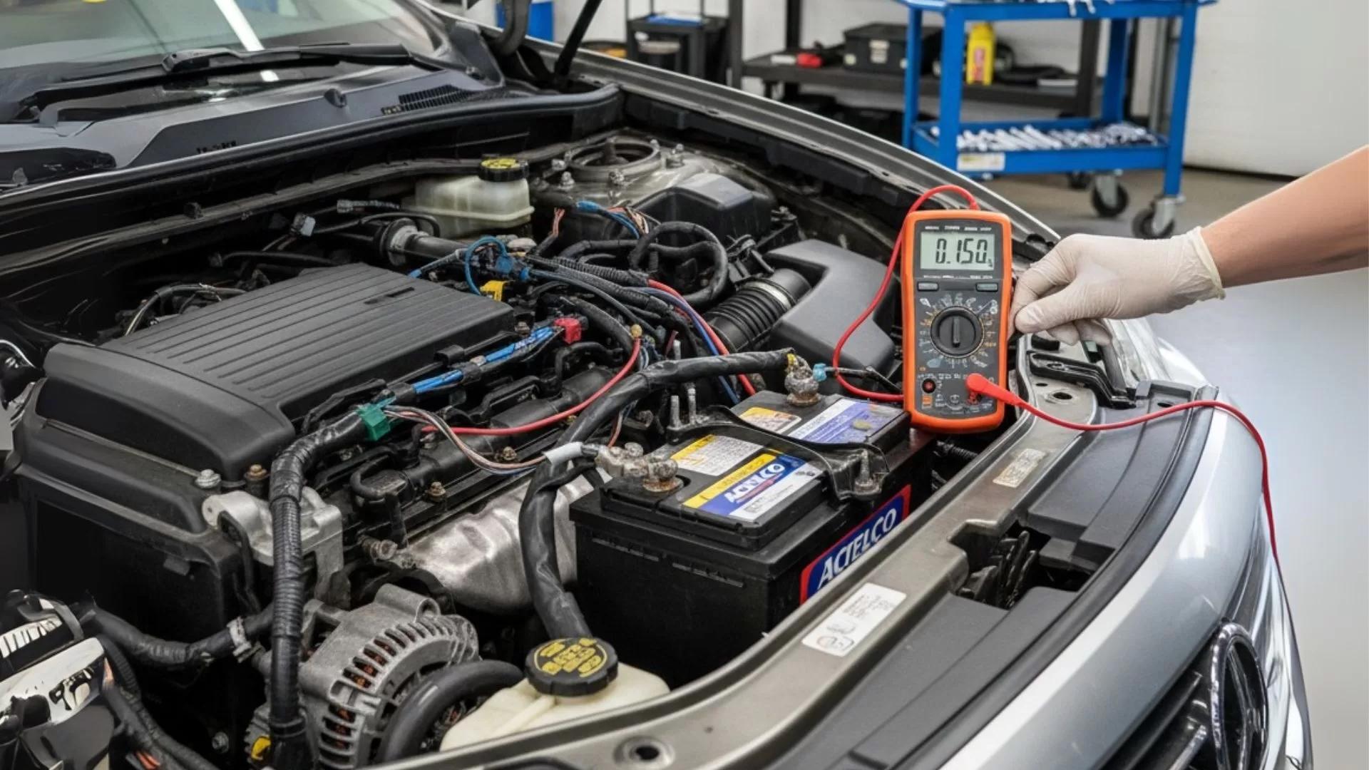 Technician inspecting the alternator and charging system in a car engine bay