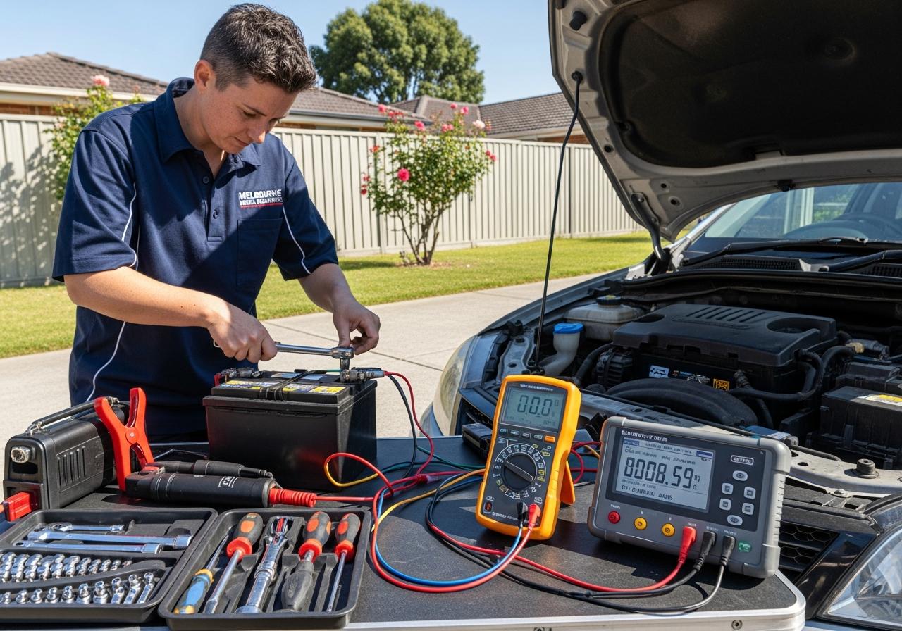 Technician testing a car battery after a morning no-start problem
