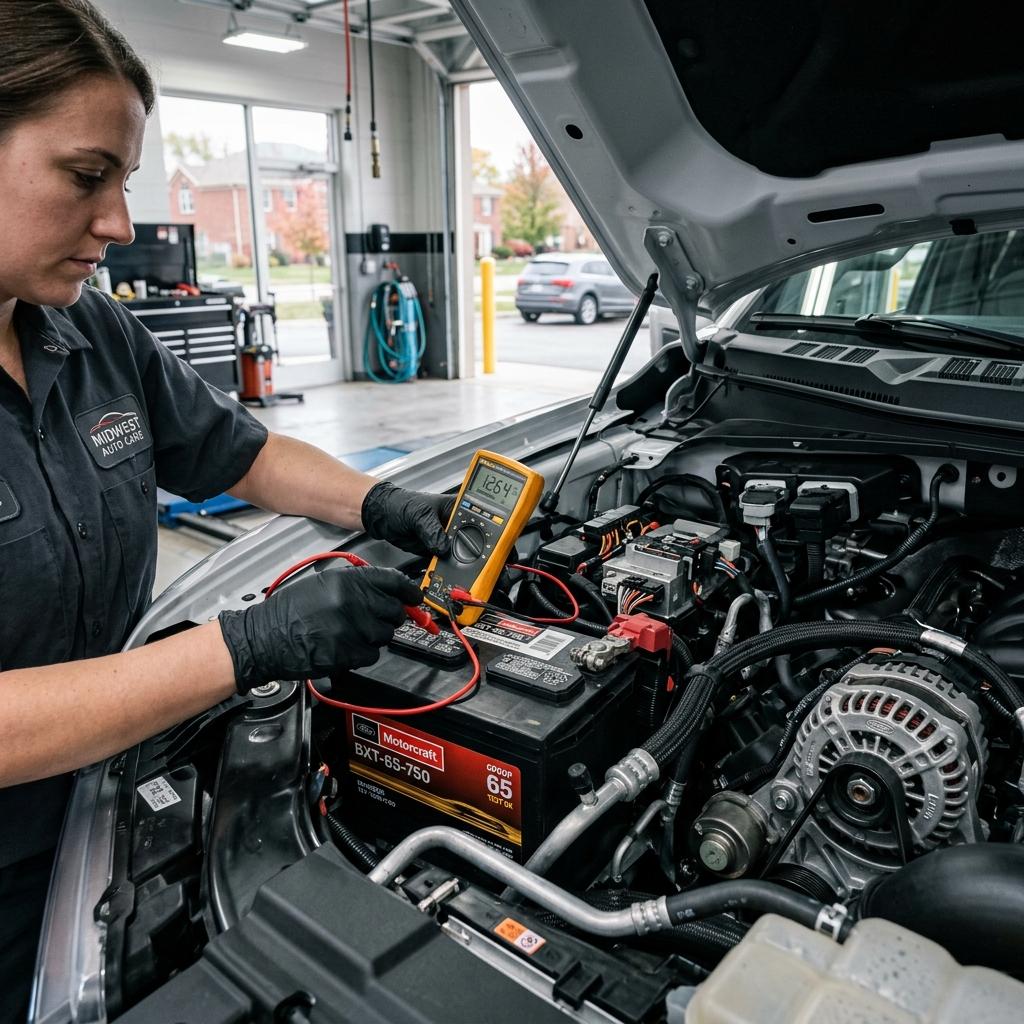 Technician checking car battery voltage with a digital multimeter during charging system diagnosis