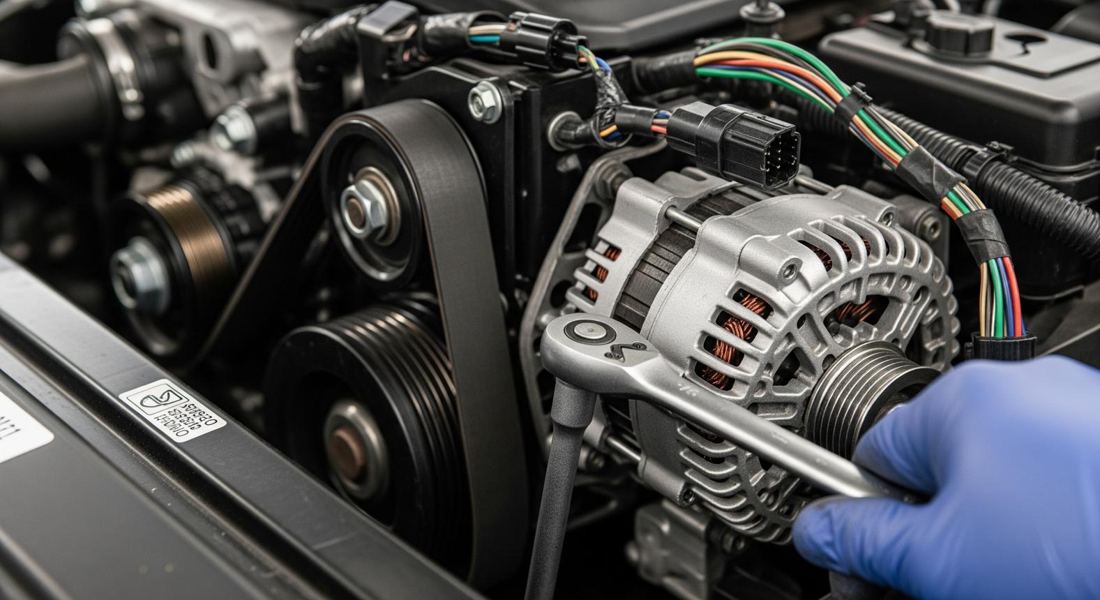 Automotive technician inspecting the alternator and drive belt while diagnosing a charging system fault