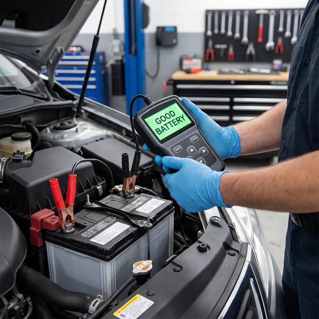 Technician testing a car battery with a digital battery health tester after a discharge