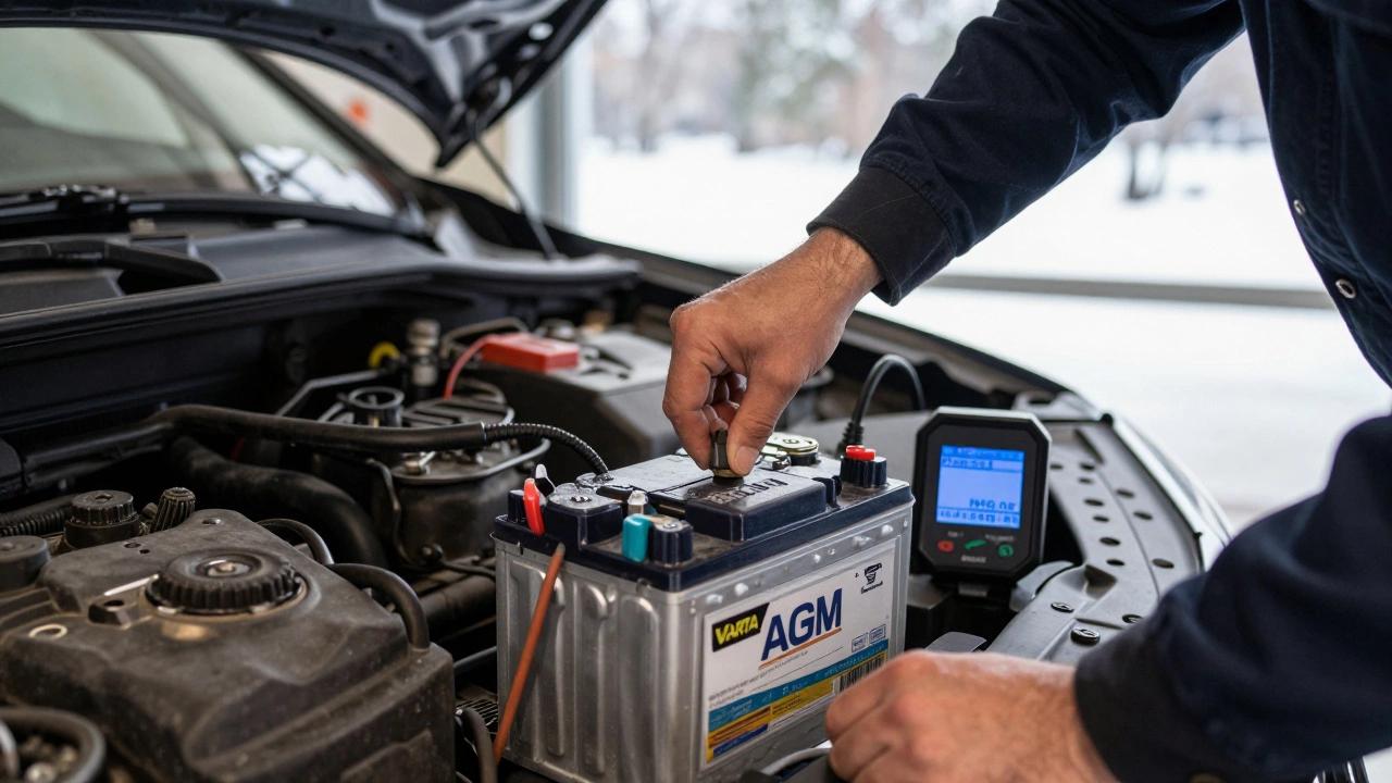 Automotive technician inspecting a car battery and its terminals before deciding whether replacement is needed