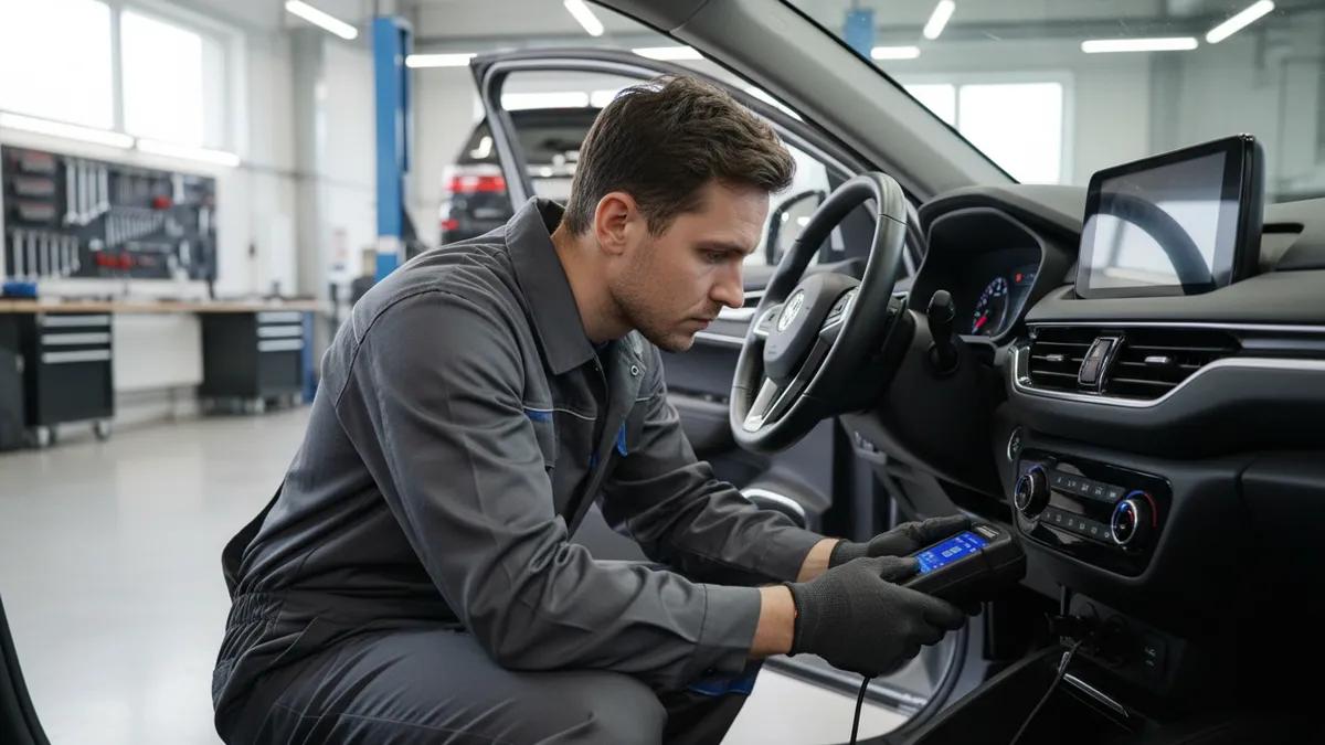 Mechanic using a diagnostic scan tool to investigate an engine that starts and stalls