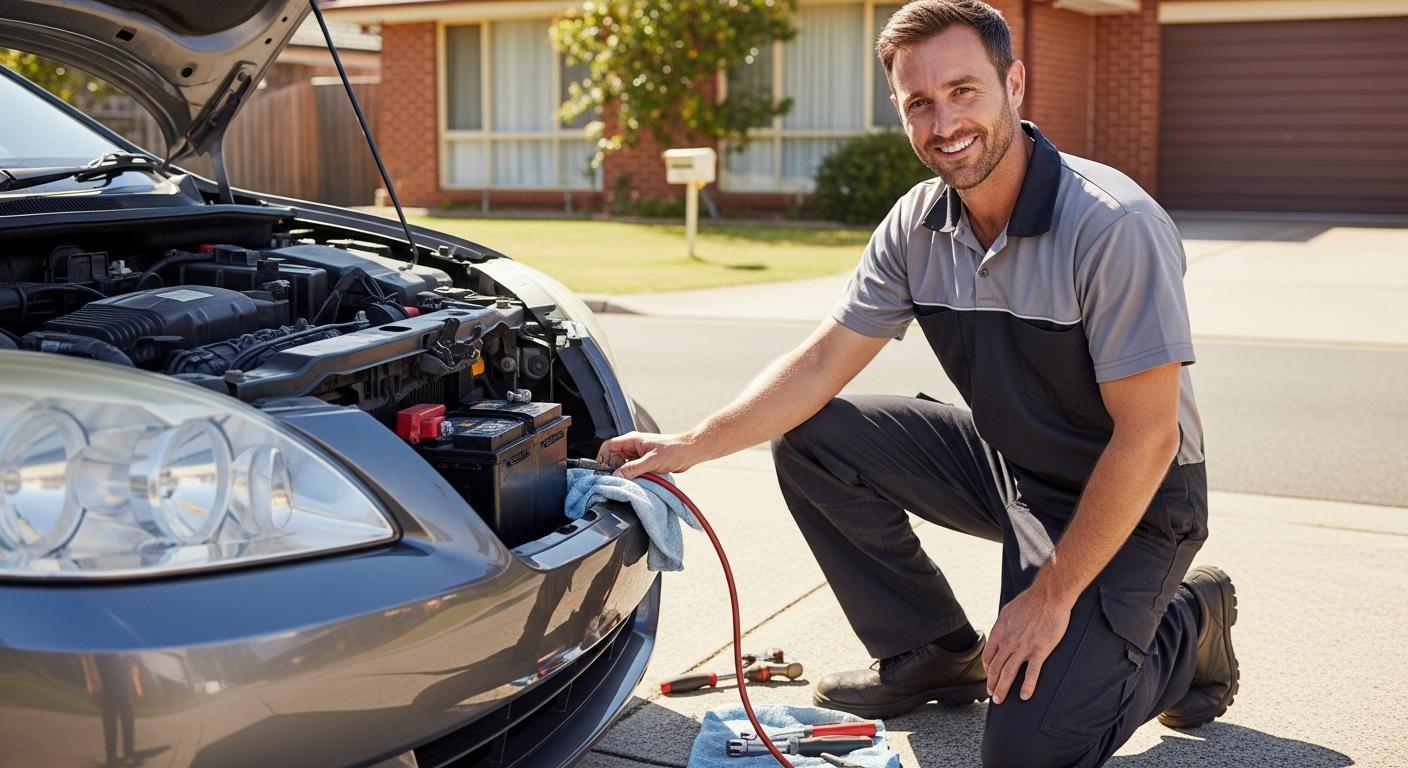 Mobile mechanic checking a car battery after a vehicle has been jump-started.