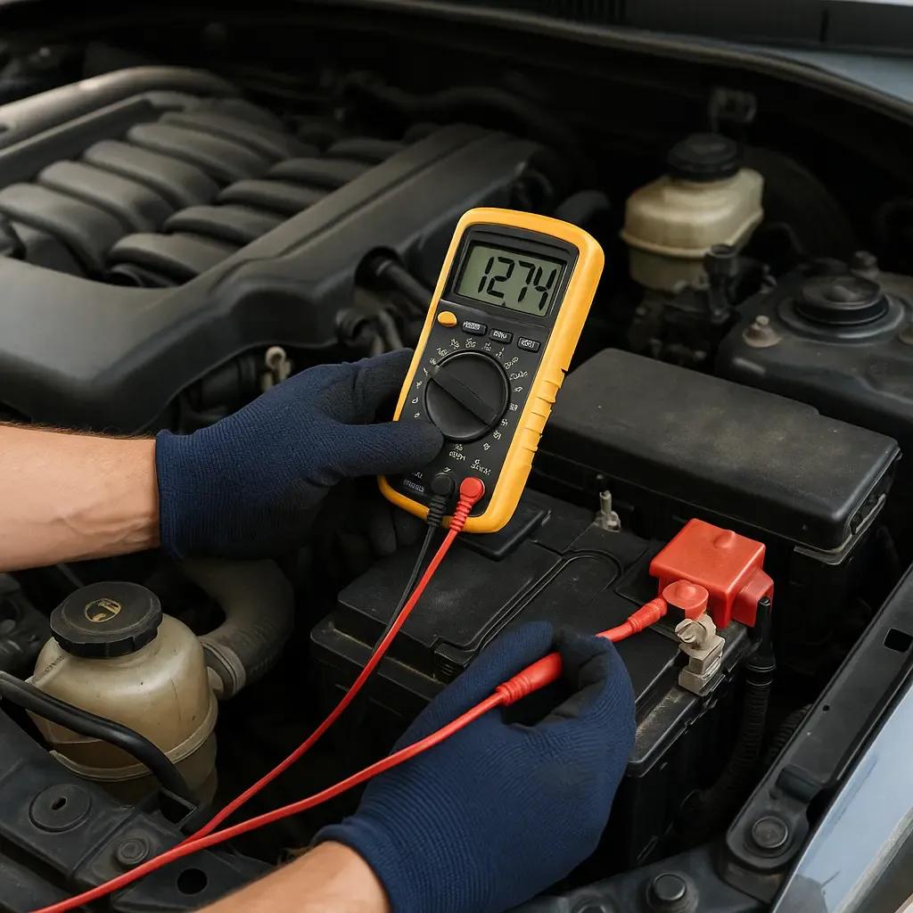Technician measuring car battery voltage after a jump-start to assess its condition.