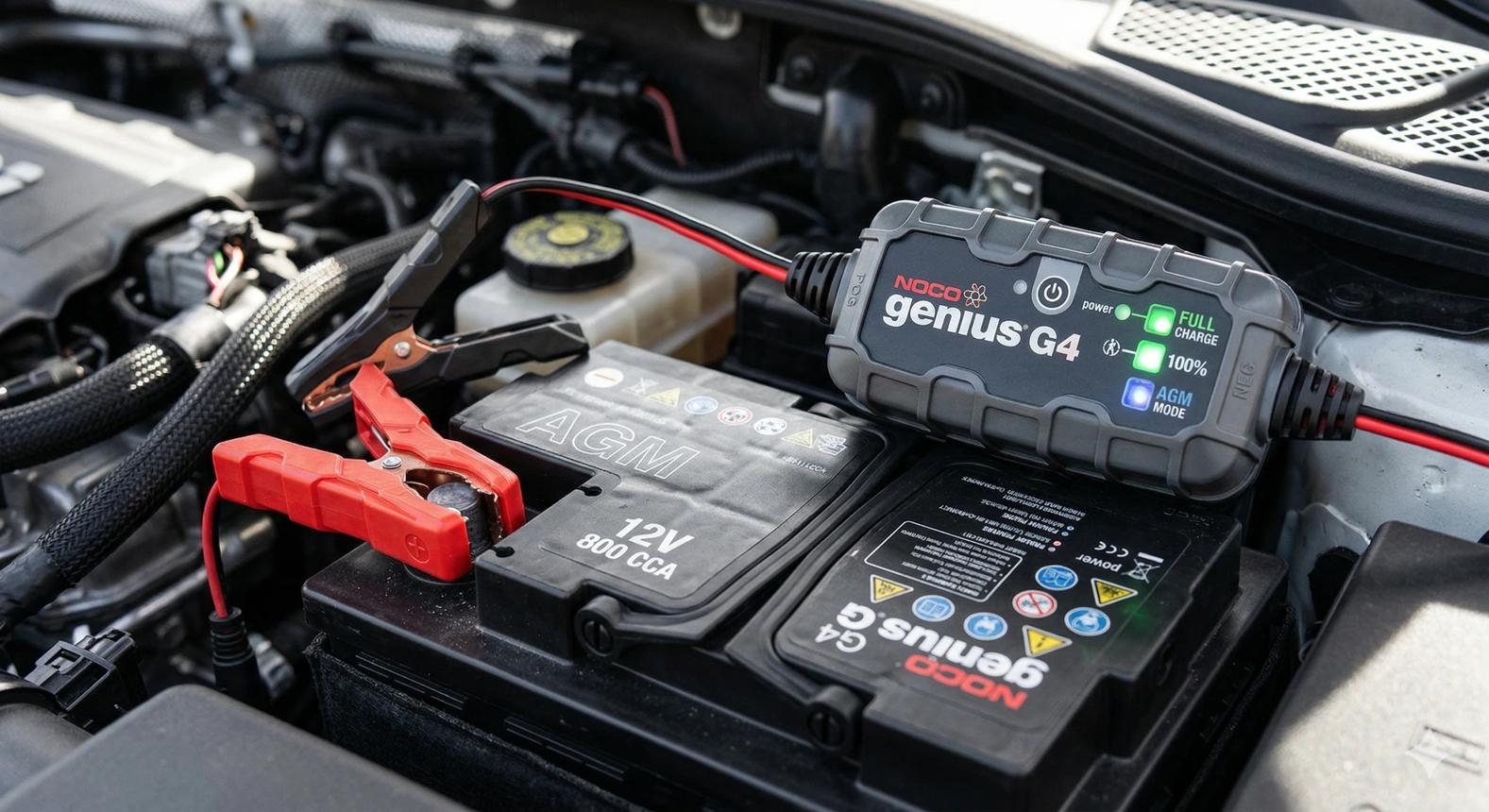 Compatible smart battery charger connected to a car battery for controlled recharging.