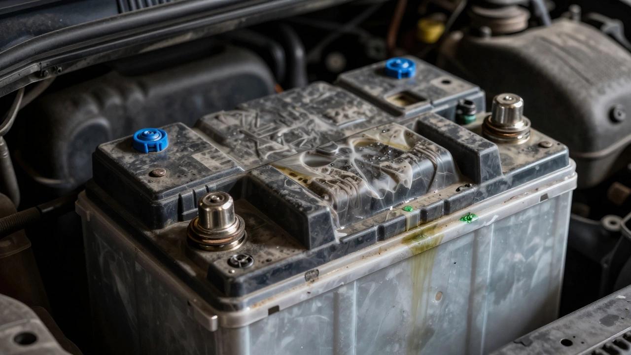 Visible bulging on a car battery casing that requires professional safety assessment.