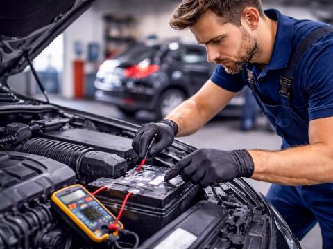 Technician visually inspecting battery terminals and electrical connections before arranging safe replacement.