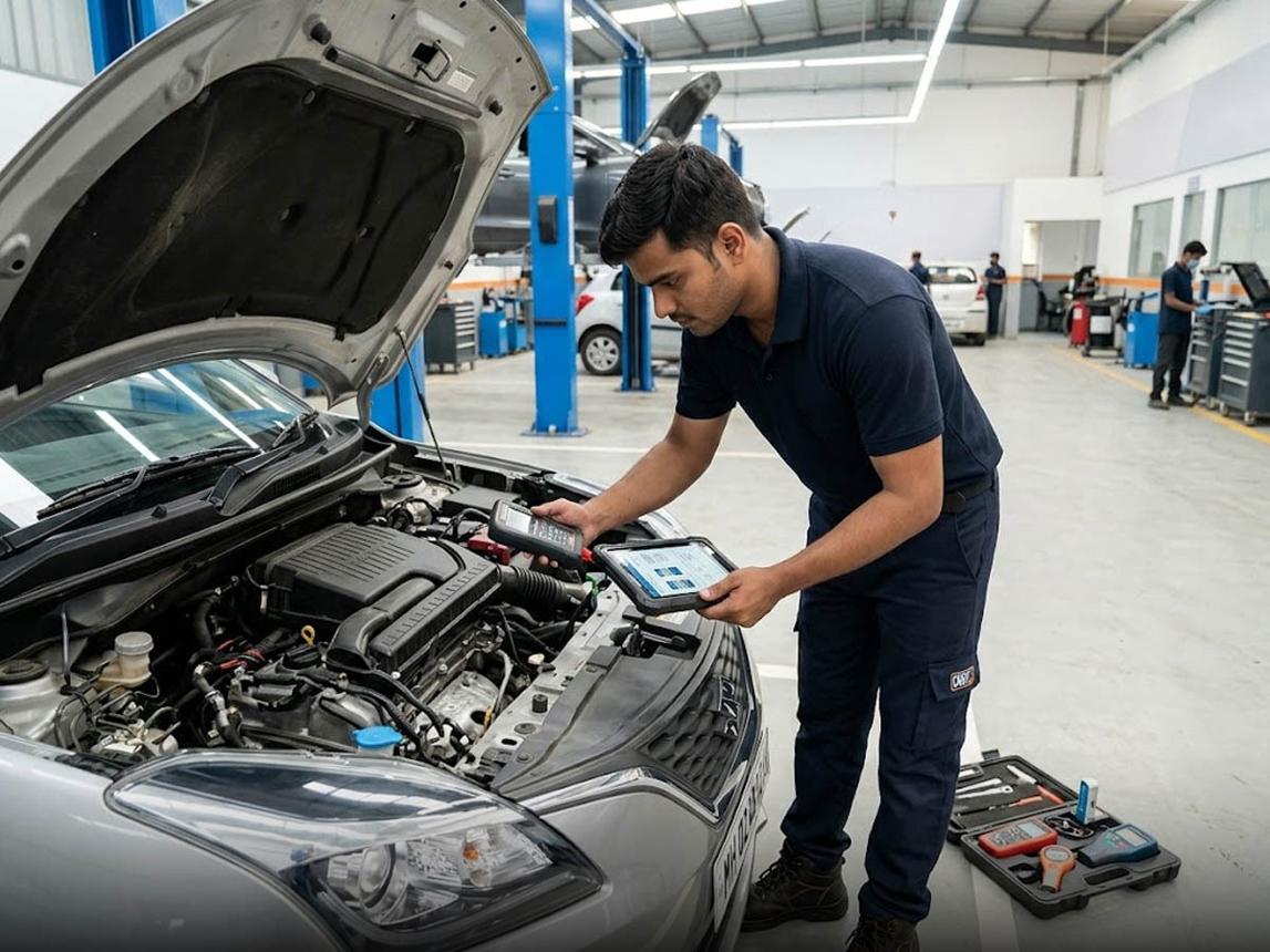 automotive technician inspecting fuel system vehicle