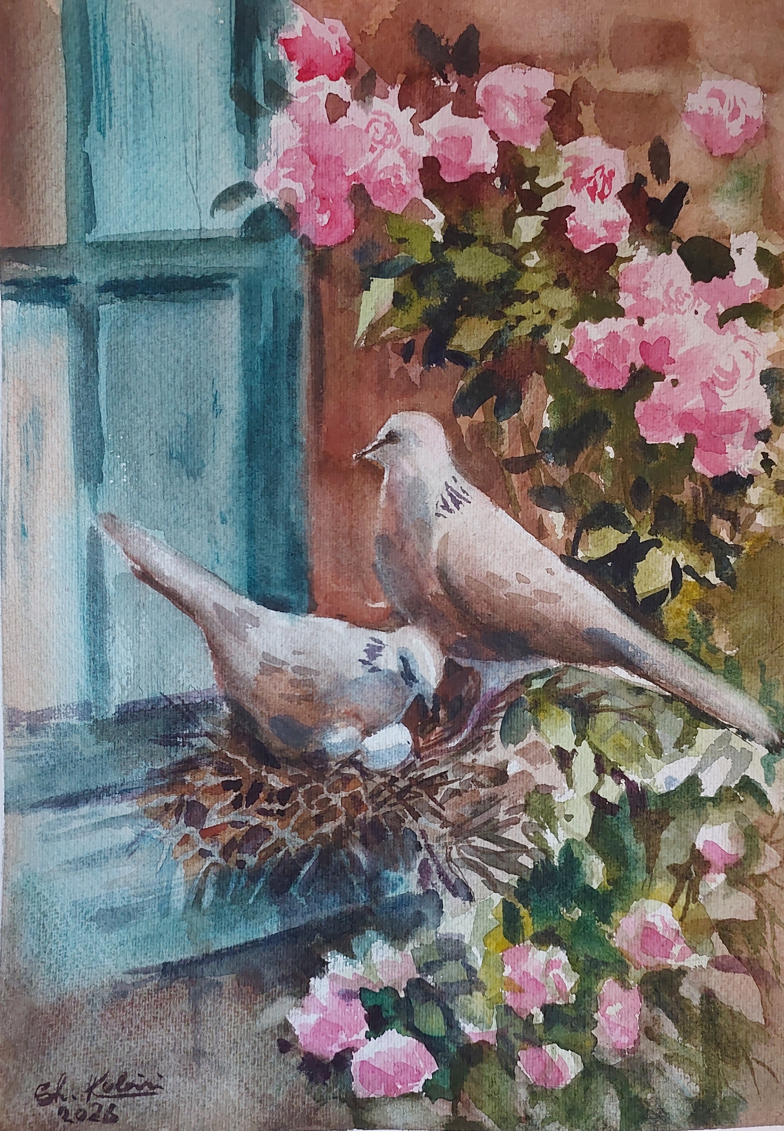 Original Painting titled Lovebirds by Artbyshahnaz with gray, white, orange tones for room decor