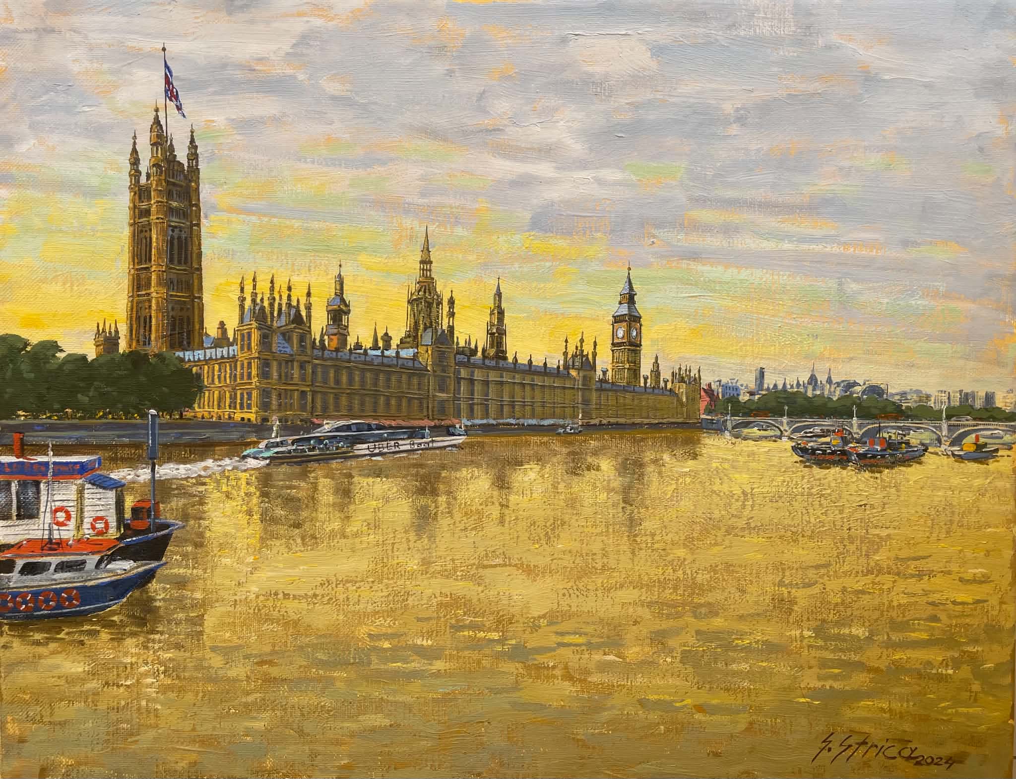 Original Painting titled Big Ben by Skender Strica with white, yellow, orange tones for room decor